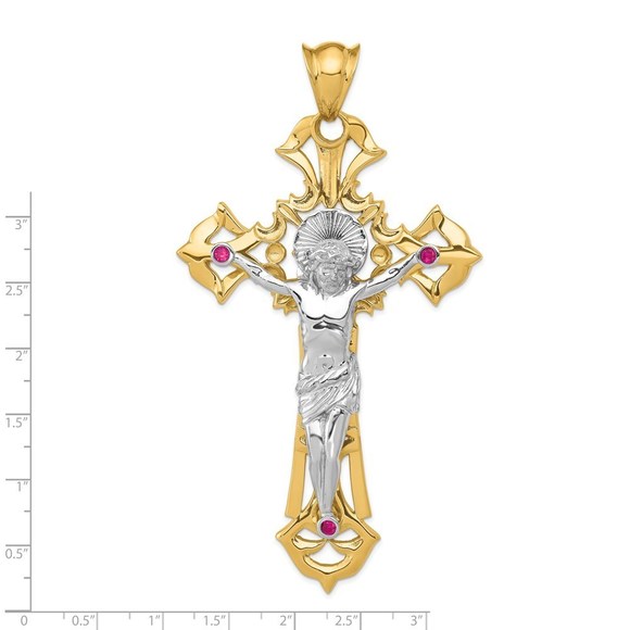 Million Charms 14k Gold Two-tone Polished with Red CZs Crucifix Pendant - Picture 3 of 4